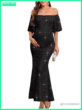 Off-Shoulder Sequin Maternity Evening Gown Puff Sleeves Mermaid Maxi Dress